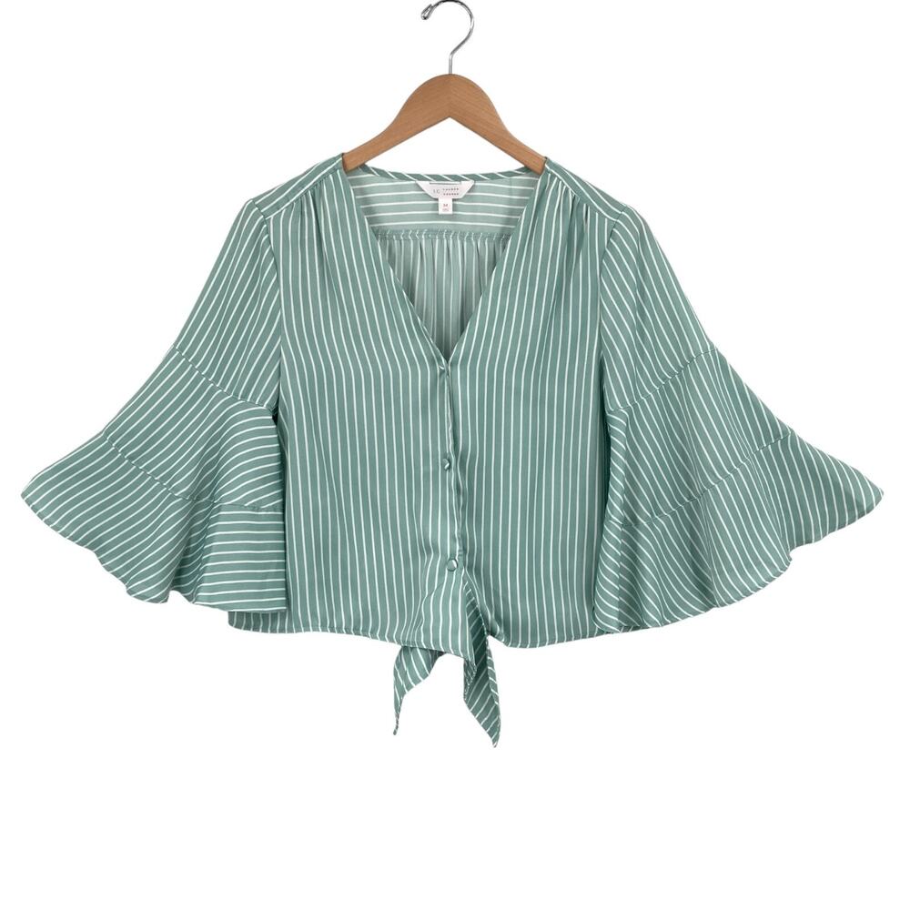 LC Lauren Conrad Crop Top Womens Medium Green Striped Button Front Tie Hem